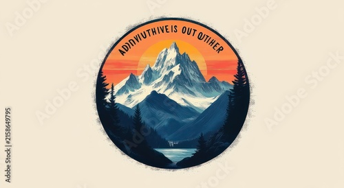 vintage circular emblem of a snow-capped mountain with pine forest and a reflective lake at warm orange sunset, evoking awe and peaceful solitude