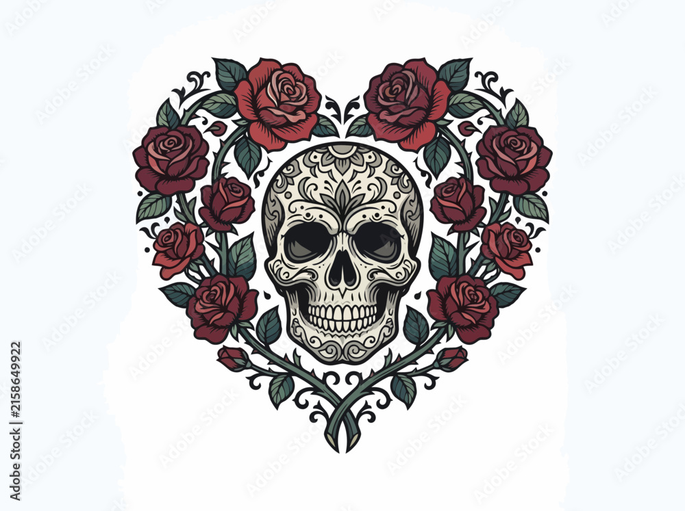 Obraz premium Intricate sugar skull surrounded by a heart shaped wreath of blooming red roses.