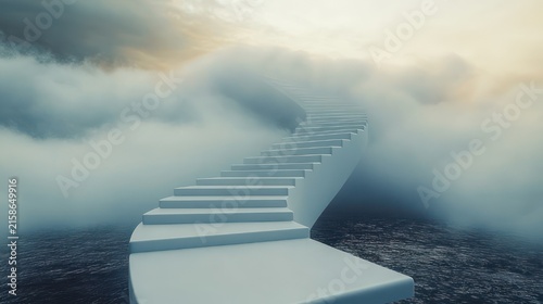 white winding staircase rising through fog and clouds above a dark ocean, ethereal and hopeful atmosphere