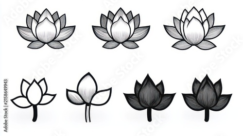 set of eight black and white lotus flower icons and illustrations in varied line and filled styles, minimalist and serene