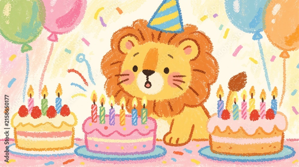 Fototapeta premium Cute lion with party hat prepares to blow out birthday candles on cake. Festive balloons and confetti surround him. Sweet, joyful celebration for kids.