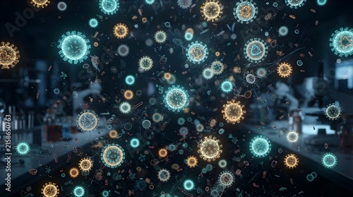 Floating 3d virus particles in a dark laboratory with blurred scientific equipment background