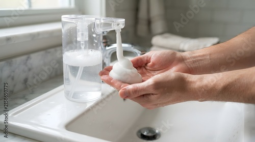 Foam soap being dispensed from a clear bottle onto hands over a white bathroom sink basin