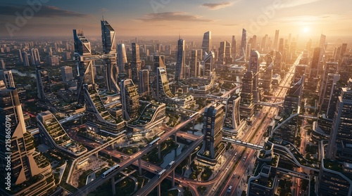 Futuristic city skyline at sunset with tall skyscrapers, elevated roads, and glowing urban lights