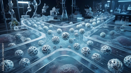 Microscopic spheres moving through transparent tubes in a laboratory science environment setup