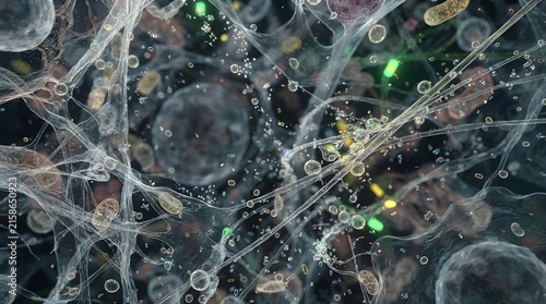 Microscopic view of cellular structures and fibers with glowing particles in dark space