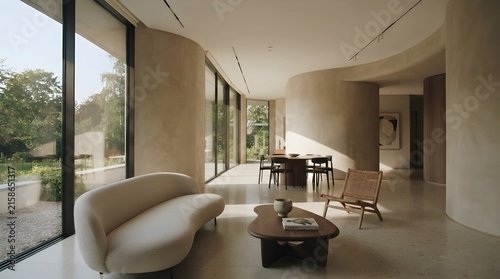 Spacious open plan living area with curved walls, wooden furniture, and large glass windows