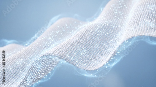 Close up macro image of clean white woven fabric mesh floating with glowing blue light particles representing laundry detergent freshness soft care technology banner background