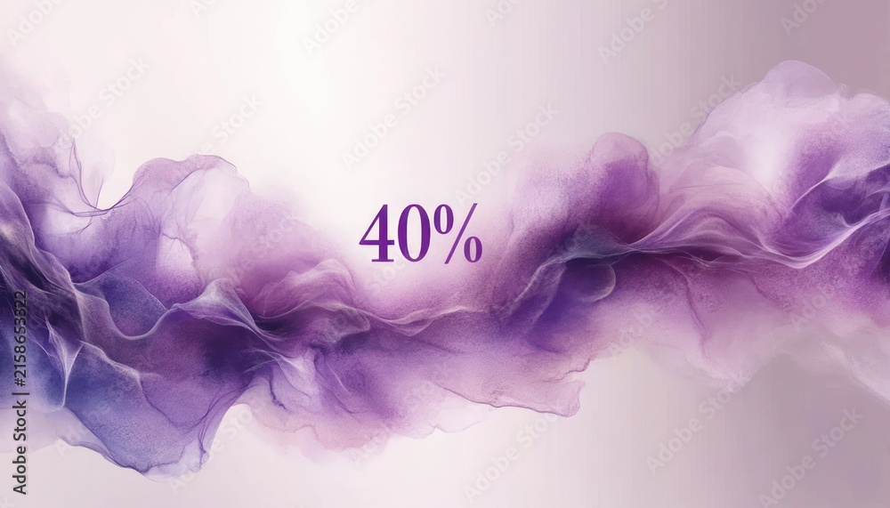 Fototapeta premium Ethereal purple smoke ribbons flowing across a soft pale gradient background with centered 40% text, calm elegant and delicate mood