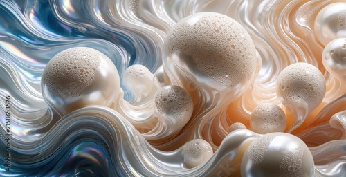 Abstract spheres with pearl sheen swirl in glossy fluid waves. Bubbled texture on orbs, shimmering light plays on smooth organic shapes. Beige blue orange tones blend in seamless digital art.