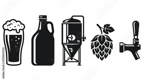 Photography Beer Brewing Beverage Icons Set with Glass Bottle Hop Keg Tap