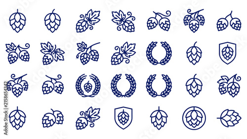 Obraz na płótnie Hop Cone Outline Icons Collection with Leaves Wreaths and Brewing Badges