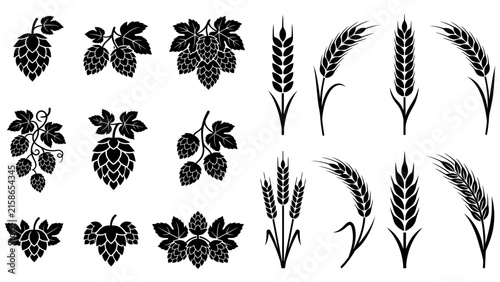 Obraz na plátně Hop Cones and Wheat Ears Silhouette Icon Collection for Brewing Design