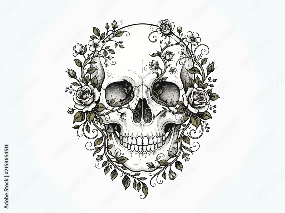 Fototapeta premium Intricate black and white illustration of a human skull adorned with blooming roses and foliage.