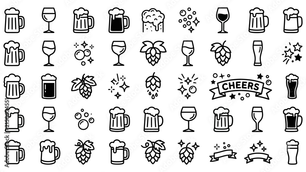 Fototapeta premium Craft Beer Celebration Icons Collection with Mugs Glasses Hops and Cheers
