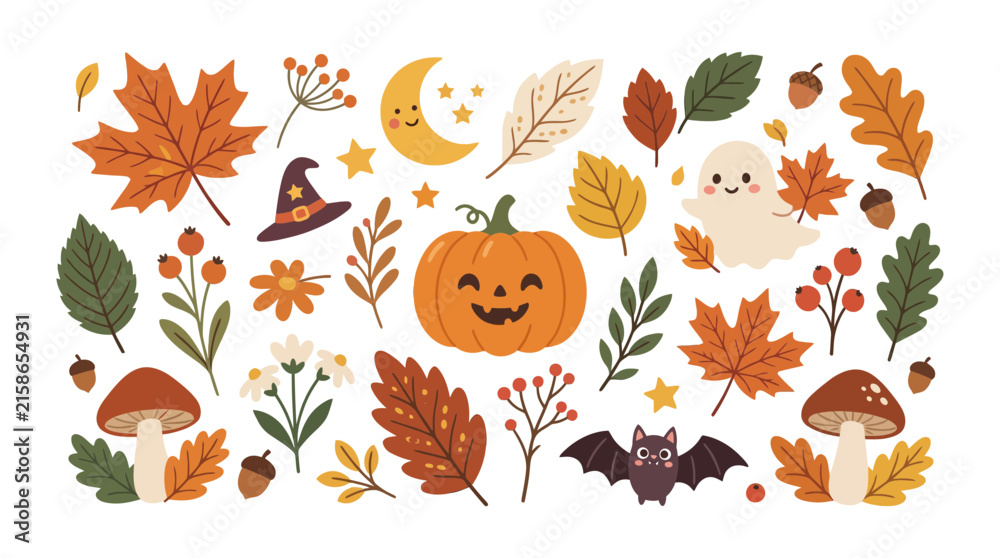 Fototapeta premium Autumn pattern with pumpkin, leaves, and spooky icons.