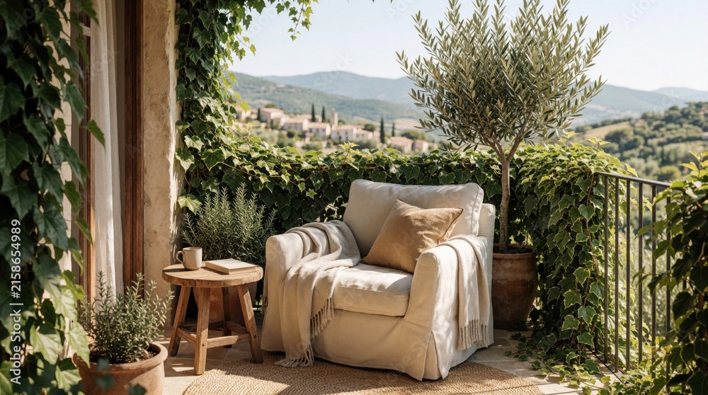 Fototapeta premium Cozy armchair with blanket on balcony overlooking Tuscan village. Morning light fills scene with plants and small table. A peaceful escape with fresh air and scenic views awaits.