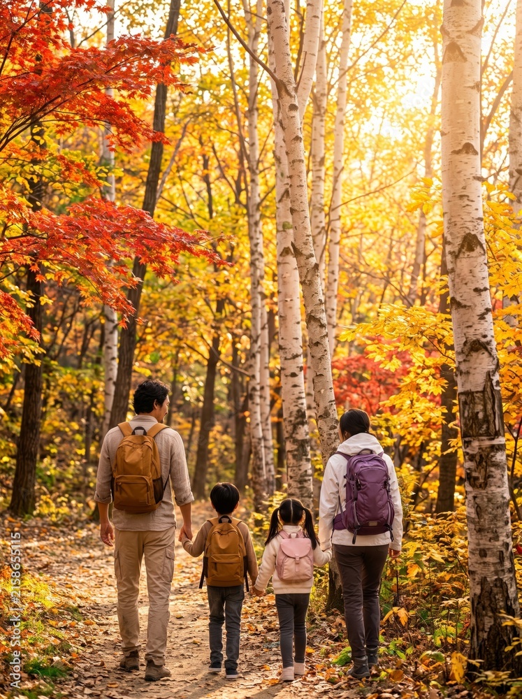 Fototapeta premium Family walking through colorful autumn forest