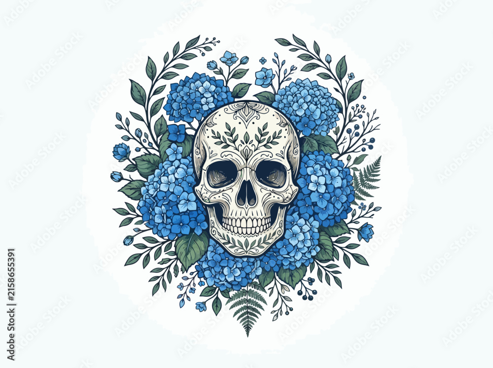Fototapeta premium A detailed human skull surrounded by vibrant blue hydrangea flowers and lush green foliage.