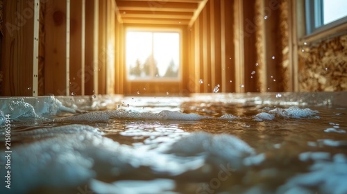Sunlit flooded unfinished wooden room with bubbling water and reflective surface, serene yet unsettling construction interior