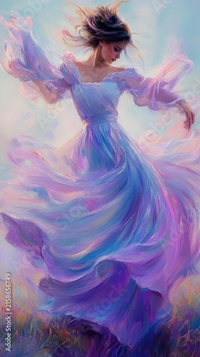 Woman in a flowing pastel dress dancing in a windswept meadow, blurred face, ethereal joyful motion and soft dreamy light