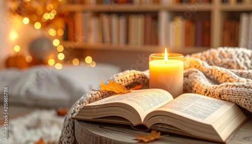 Cozy reading corner with lit candle, open book and knit blanket, autumn evening, copy space