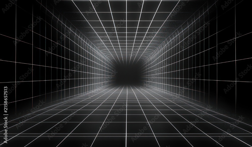 Fototapeta premium dark empty tunnel formed by glowing white grid lines on floor walls and ceiling receding to a distant vanishing point, a futuristic eerie digital corridor conveying isolation and depth