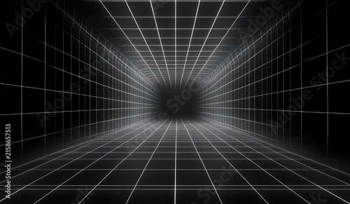 dark empty tunnel formed by glowing white grid lines on floor walls and ceiling receding to a distant vanishing point, a futuristic eerie digital corridor conveying isolation and depth