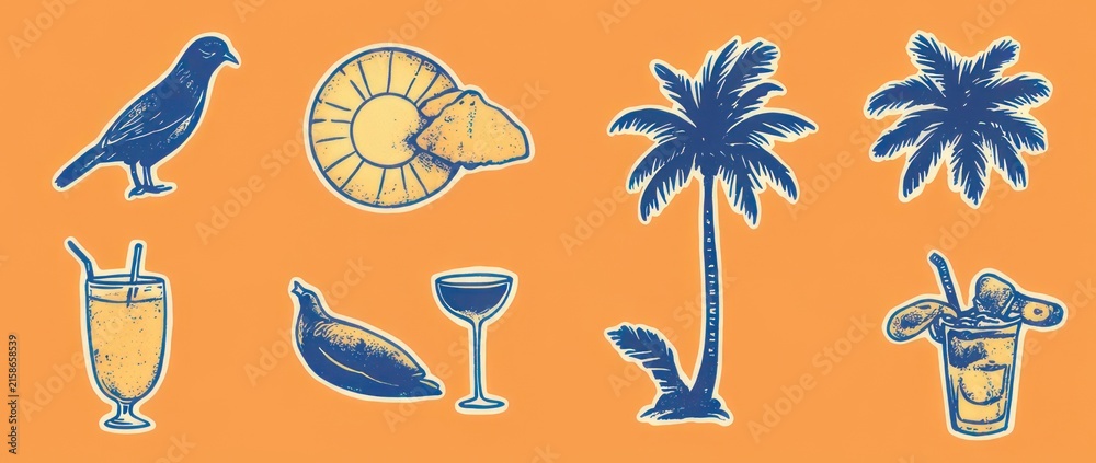 Fototapeta premium Playful retro tropical sticker set showing a perched bird, sun with cloud, a seashell, two palm tree designs and two cocktails evoking relaxed summer vibes