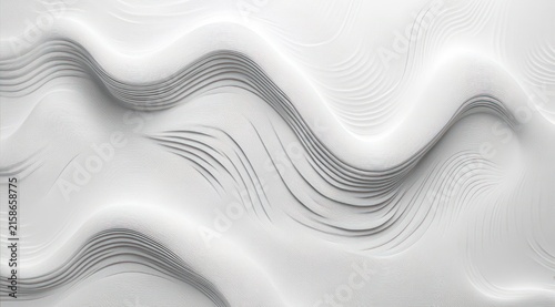 serene white abstract waves with layered grooves and soft shadows, smooth flowing contours and minimalist organic texture