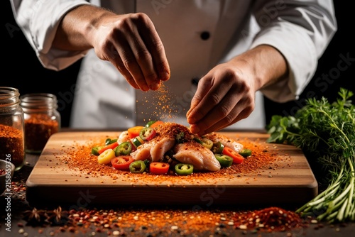 Chef adds spices to raw chicken pieces and fresh vegetables on wooden board. Closeup view of seasoned food preparation in kitchen. Aromatic cooking process with herbs and peppers.
