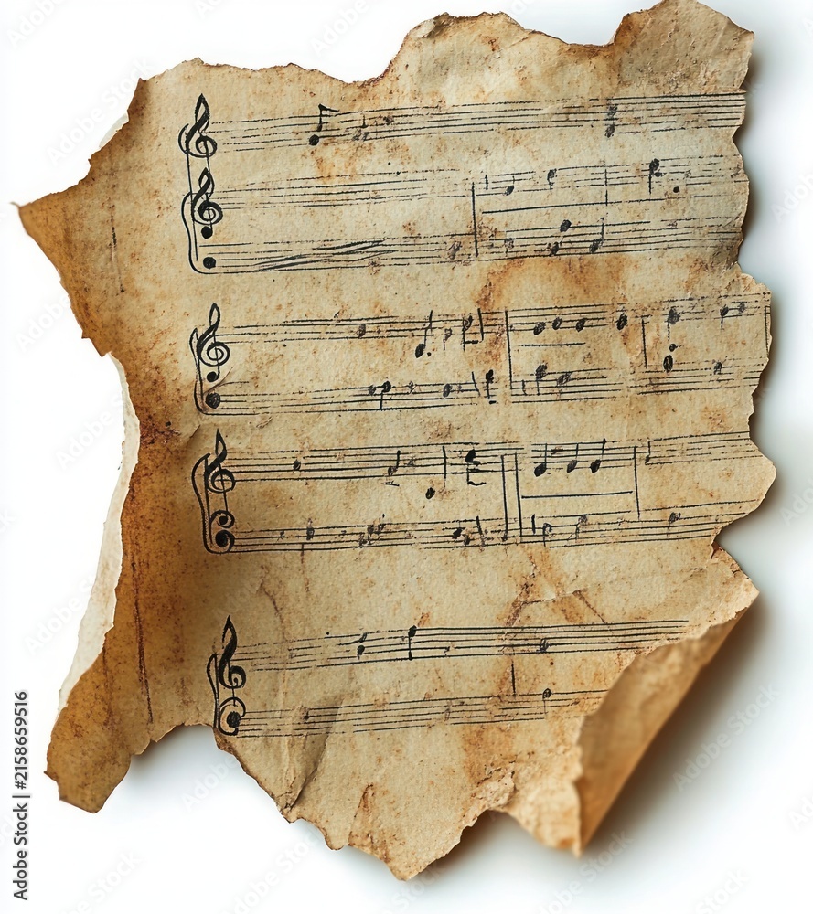 Naklejka premium torn stained vintage sheet music with treble clefs, musical notes and staff lines on crumpled aged paper, nostalgic and weathered