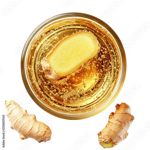 Overhead View Of Sparkling Ginger Drink With Ginger Pieces In Glass And Transparent Background