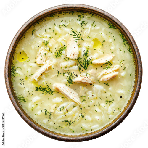 Overhead View Of Chicken And Rice Soup In Brown Rimmed Bowl With Dill and Transparent Background