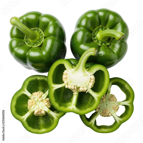 Fresh Green Bell Peppers Whole And Sliced Showing Seeds On Transparent Background