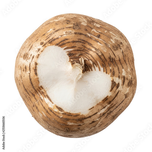 Circular Yam Slice with Brown Exterior and White Heart Shape Detail on Transparent Background