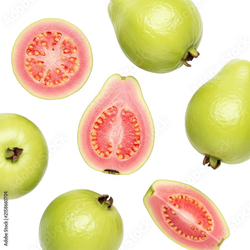 Vibrant Guava Arrangement with Pink Flesh Slices and Green Whole Fruits against Transparent Background