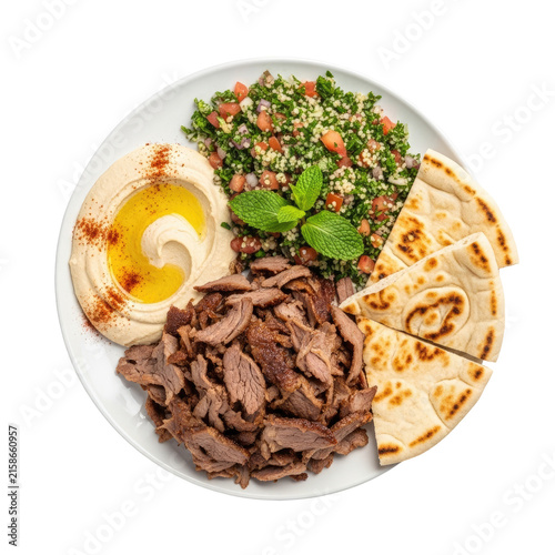 Delicious Middle Eastern Cuisine on White Plate with Hummus and Meat Against Transparent Background