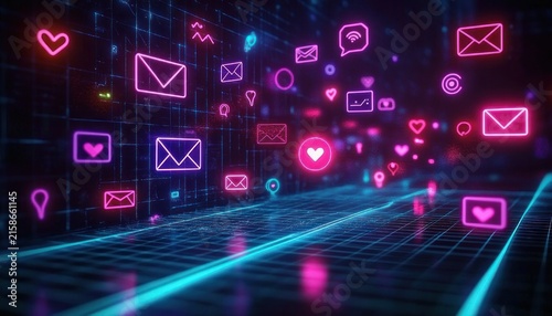 neon envelopes, heart icons, chat bubbles and location pins floating above a glowing blue grid in a vibrant futuristic digital network, energetic and connected