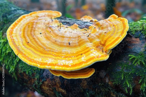 Vibrant glossy orange and yellow bracket fungus with concentric rings growing on a moss-covered decaying log in a damp forest, close-up and fresh