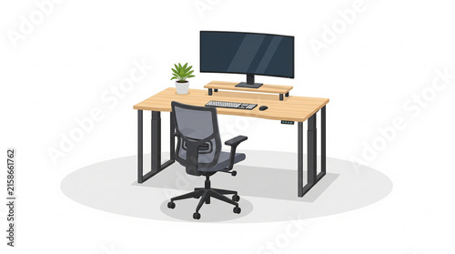 Modern home office workstation, minimalist wooden desk with computer monitor and ergonomic chair, clean workspace setup on white background