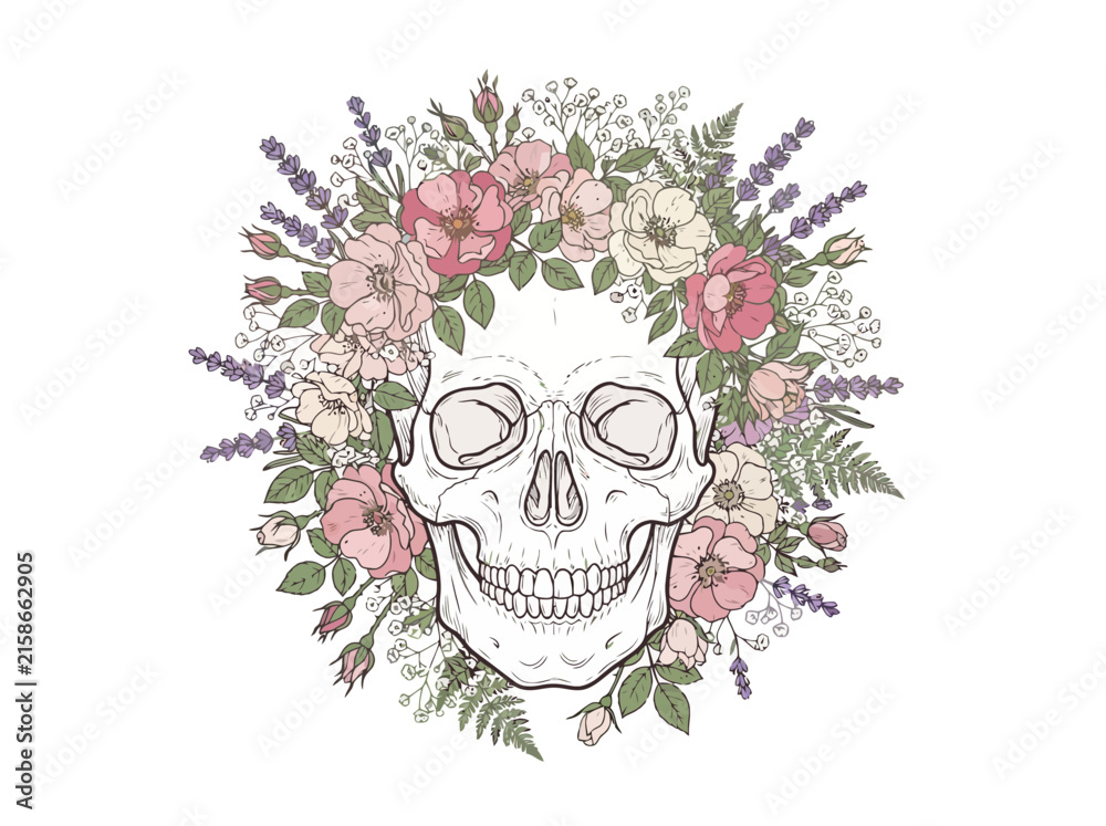 Fototapeta premium Human skull surrounded by a vibrant floral wreath of colorful flowers and green leaves.