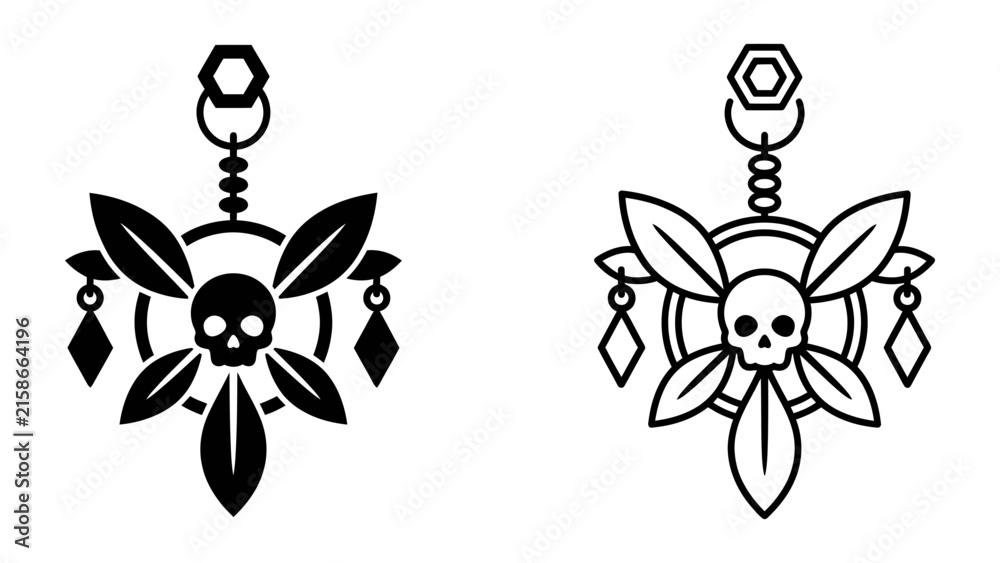Fototapeta premium Gothic Skull Chandelier Icon: A stylized gothic chandelier featuring a skull at its center, surrounded by ornate leaf-like elements and diamond-shaped charms.