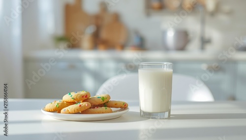 A child-friendly snack scene with colorful homemade cookies and a glass of fresh milk on a bright kitchen table
