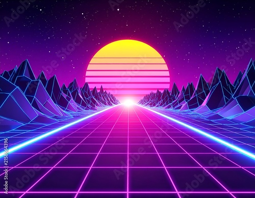 Synthwave landscape with a geometric road leading towards a stylized sun against a starry night