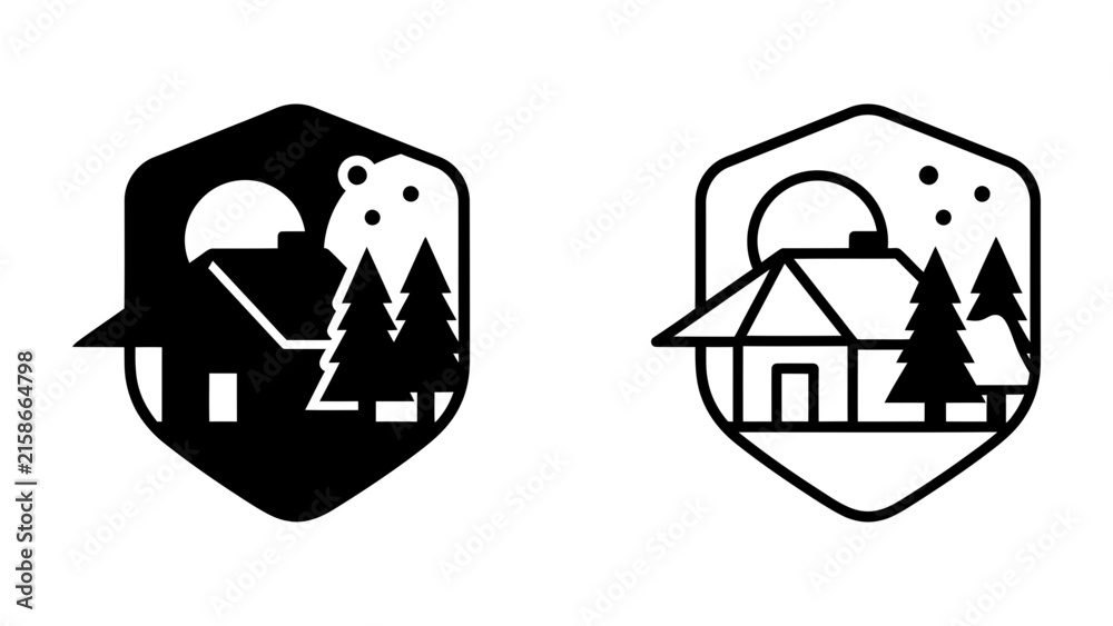 Fototapeta premium Forest Cabin Emblem: Two stylized emblems depict a rustic cabin nestled among pine trees under a moonlit sky, representing a serene wilderness retreat.