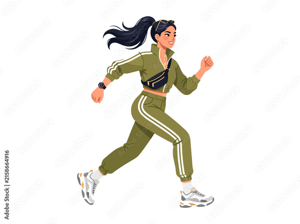Fototapeta premium A young woman jogging in a green tracksuit with a ponytail.