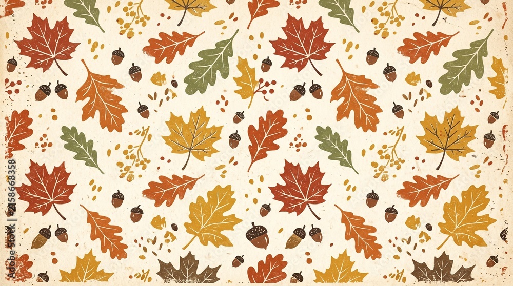 Fototapeta premium Seamless autumn pattern with colorful fall leaves and acorns