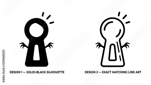 Photography Spooky Keyhole Monster Duo: Two playful monster-shaped keyhole designs, one a solid black silhouette and the other a line art illustration, ready to unlock imagination and fun