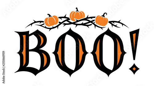 Spooky halloween typography design featuring a bold 'boo ' with pumpkins and decorative vine elements